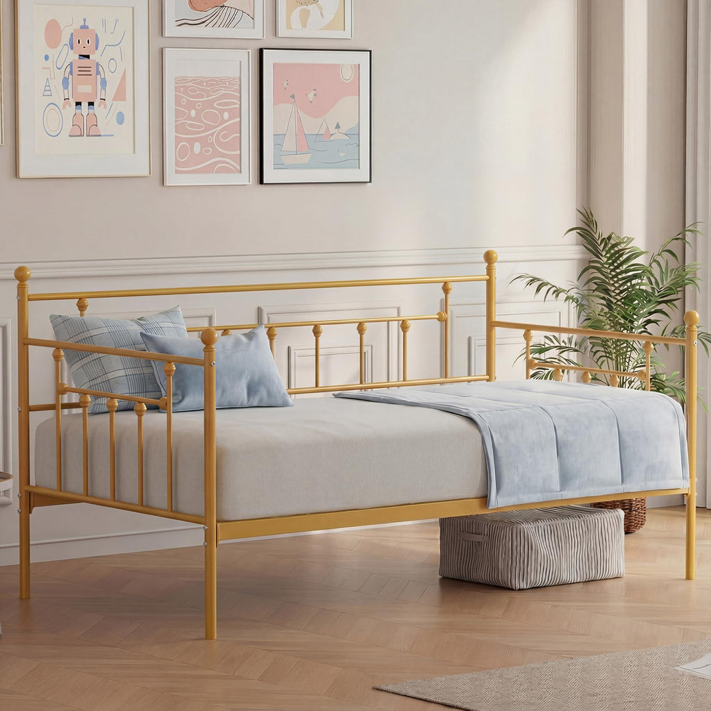 Twin Size Daybed Frame Metal Steel Slat Support with Headboard Sofa Bed Platform, Guest Room, Easy Assembly, Gold
