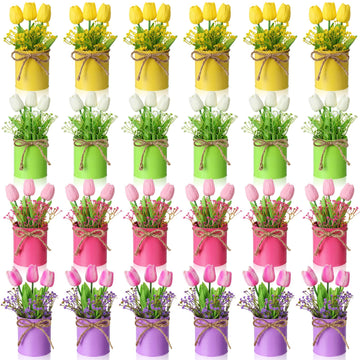 24 Set Spring Table Centerpieces Artificial Tulips and Babys Breath Decorations in Metal Pots Faux Multicolor Tulip