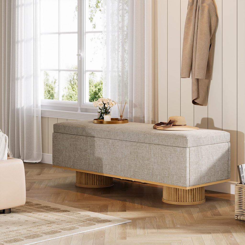 50.39" Storage Bench with Padded Seat Cushion, Upholstered Shoe Bench with Flip Up Storage, Load up to 330 lb, Beige