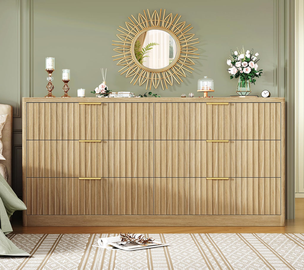 56.3'' Dresser with 6 Drawers, Dressers & Chest of Drawers with Curved Profile Design, 6 Drawer Dresser, Fluted