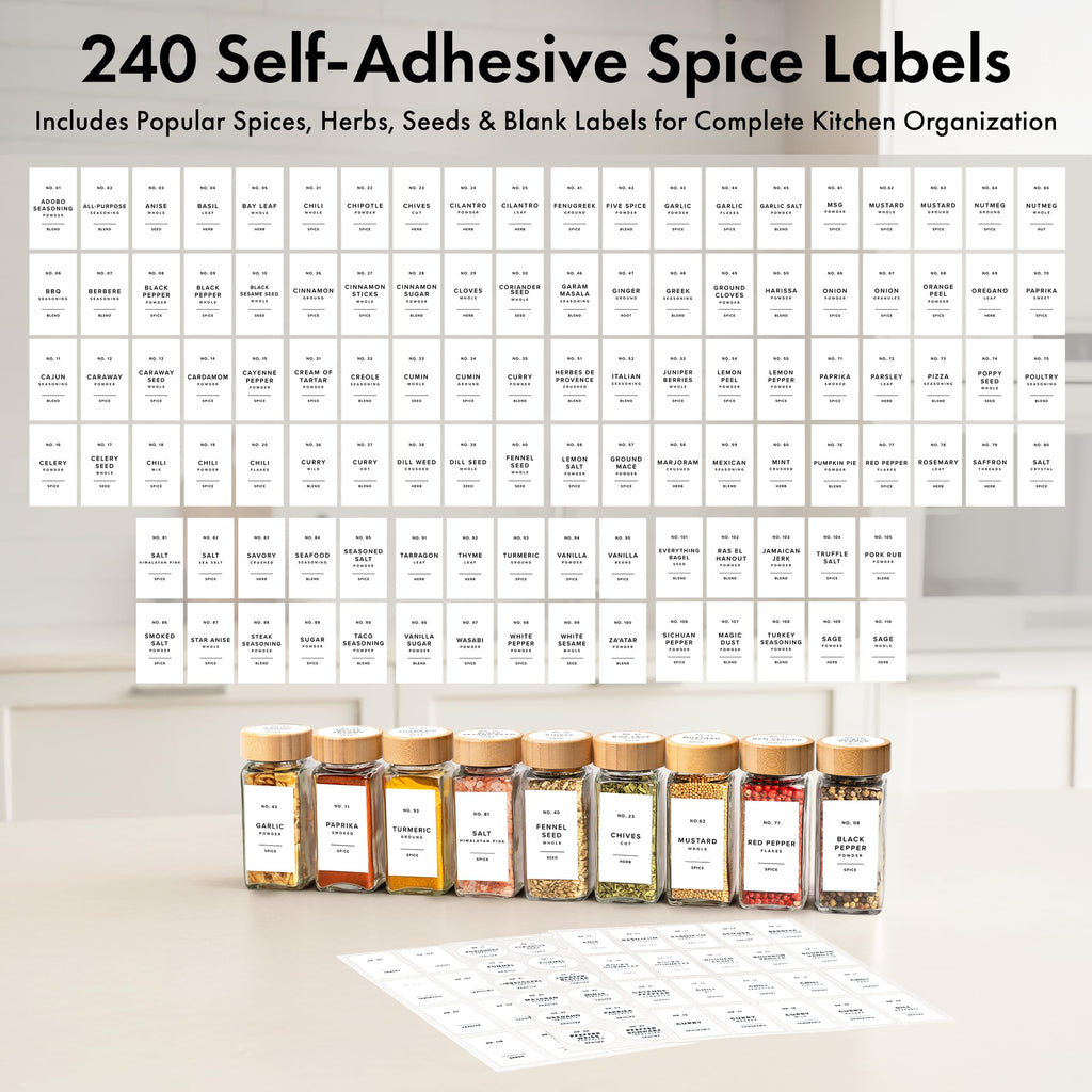 Glass Spice Jars with Label, 24x Bamboo Wooden Lids - White Labels