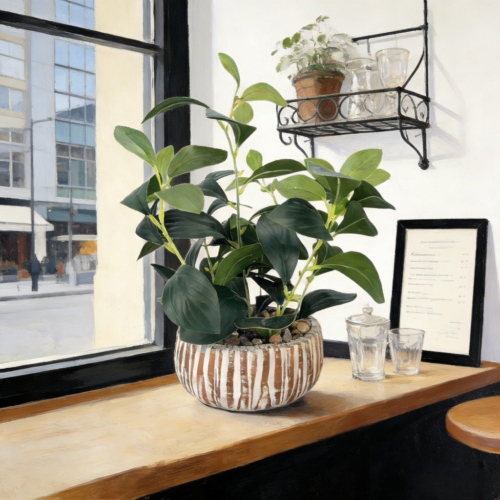 Artificial Potted Plants Life-Like Fake Plant with Farmhouse-Style Cement Planter Feturing Light Wood Tone for Room
