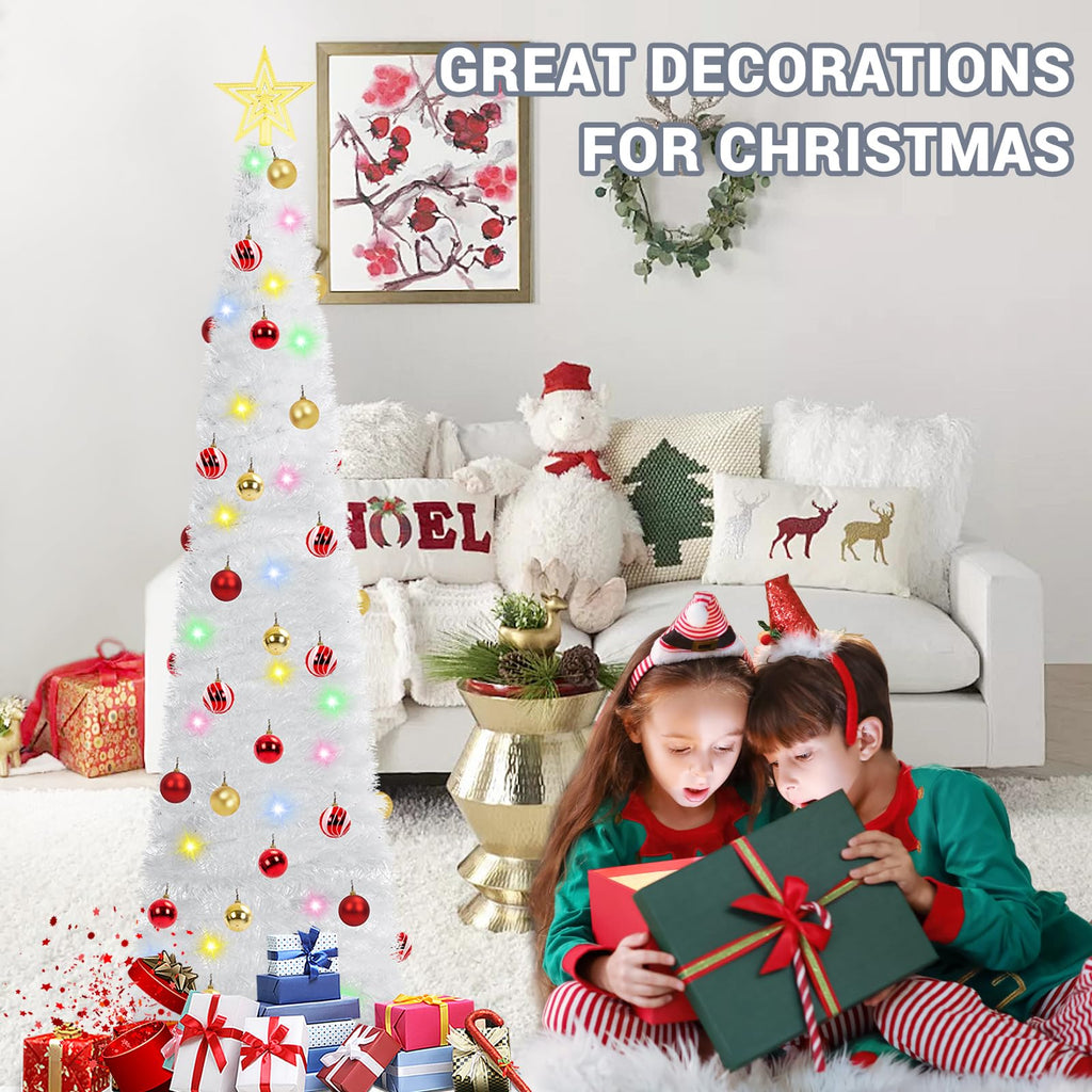 5 Ft Prelit Tinsel Pop Up with 8 Light Adjustment Modes 50 Remote Color Lights Battery Operated, Pencil Artificial