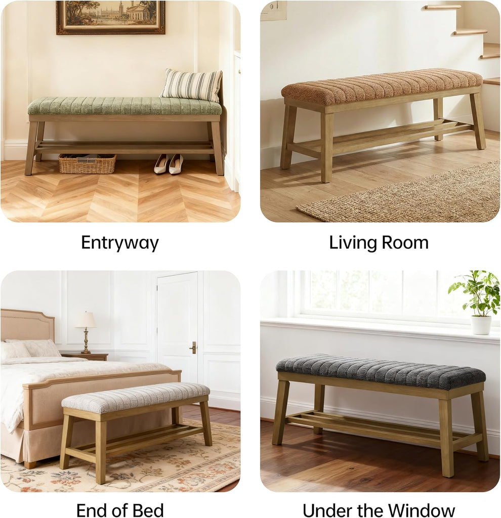 Entryway Bench, 44.4" Upholstered Storage Shoe Bench , Shoe Rack Bench with Rubberwood Legs, Modern End of Bed Bench