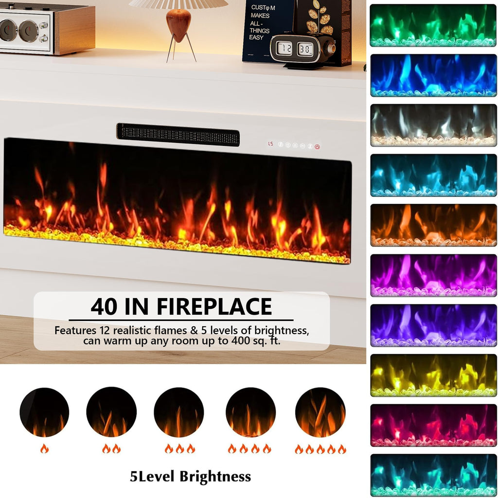 With 40'' Electric Fireplace, 70'' TV Media Entertainment Center with Fireplace Up to 80 inch, Modern LED TV Console
