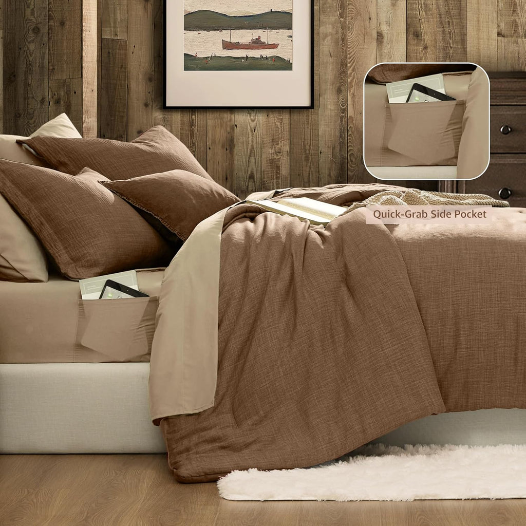 Geniospin Brown Queen Comforter Set - 7 Pieces Comforter Queen, Solid Bedding Set for All Season