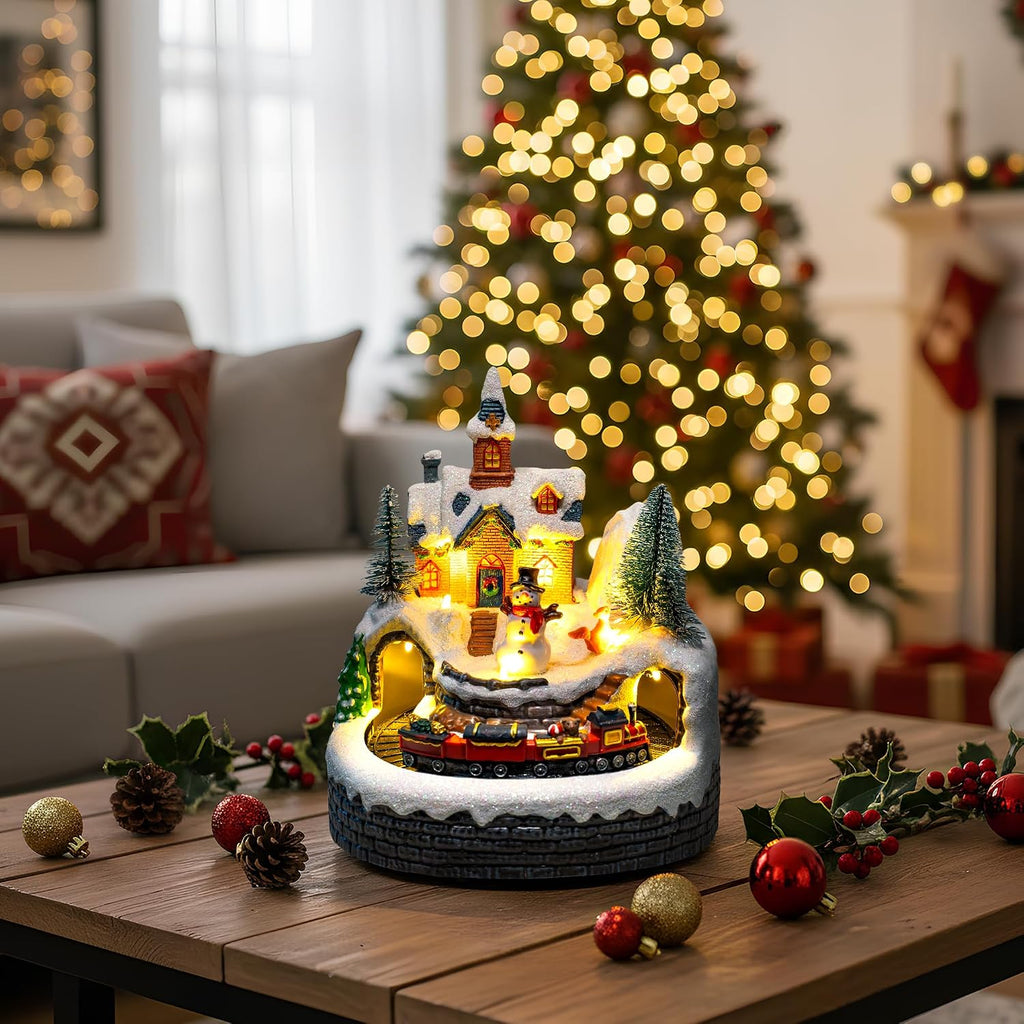Animated Musical Christmas Village Figurines - Church Building and Snowman Statues with Rotating Train, LED Lights