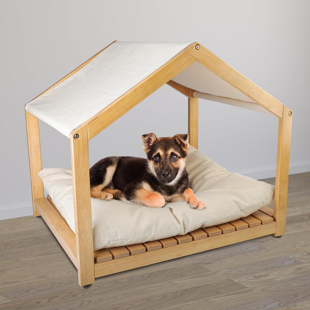 Dog House - 30x24-Inch Indoor Dog House with Soft Cushion and Adjustable Canopy - Wood Dog Furniture for Small to