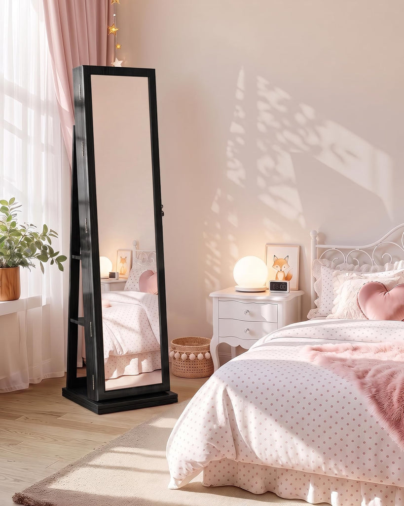360° Swivel Jewelry Cabinet with Full-Length Mirror, Lockable, Black