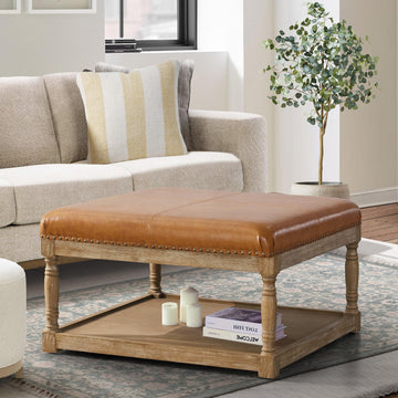 33-Inch Leather Ottoman Coffee Table, Square Ottoman with Shelf & Solid Wood Frame (Brown)