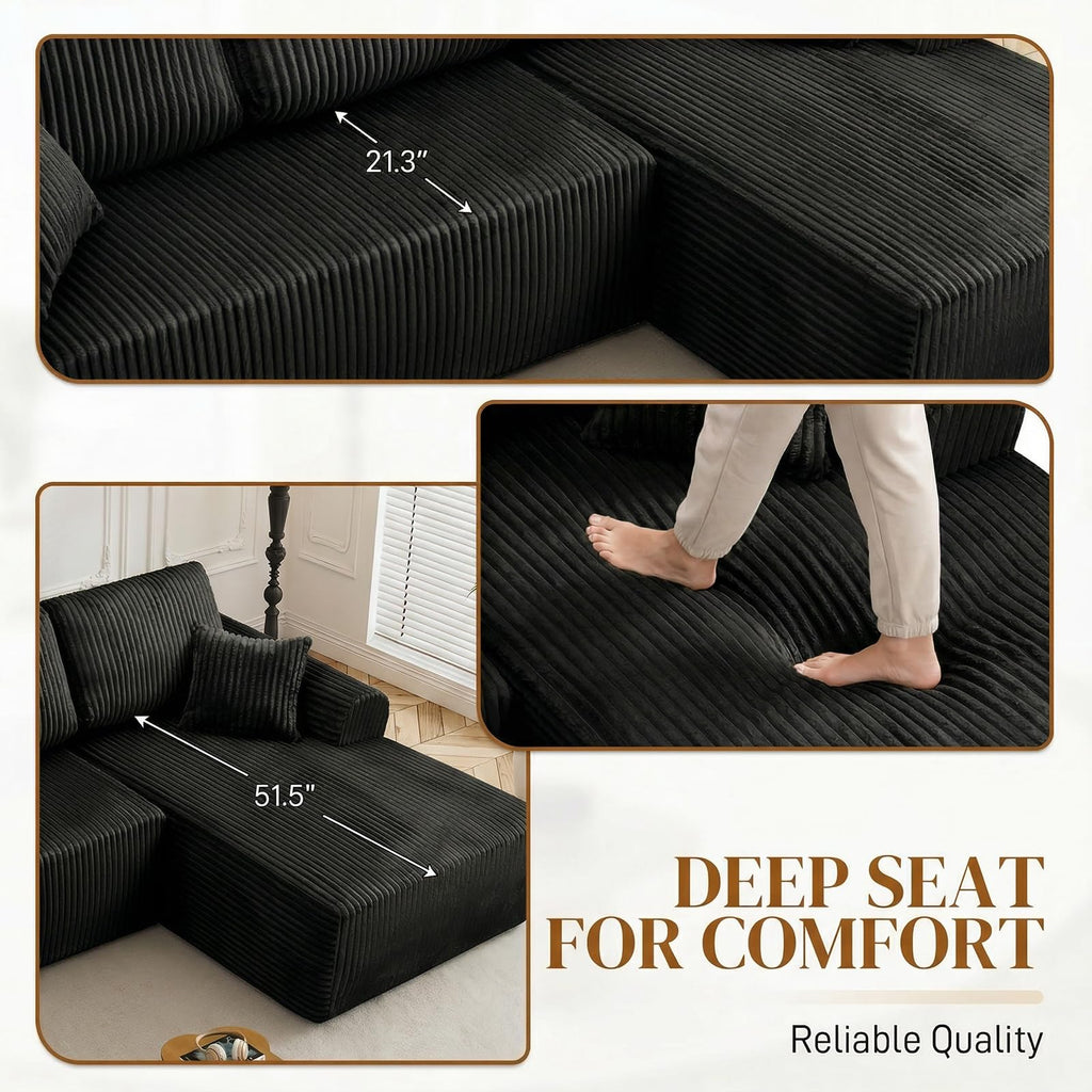 110" Boneless Cloud Sectional Couches, Comfy Fluffy L Shaped Memory Foam Deep Seat Boneless Couch, Modular Sectional