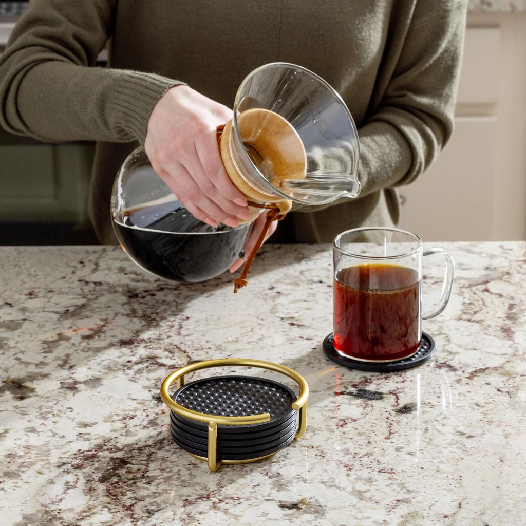 Absorbent Coasters with Holder Gold Modern Table Drink Coasters for Table Protection, Absorbent Silicone - Set of 6
