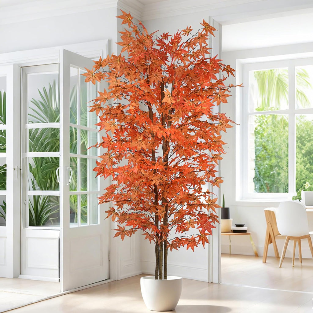 Red Maple Tree 7FT Tall Faux Plant with Natural Trunks and Realistic Leaves,Fake Floor Potted Artificial Plants
