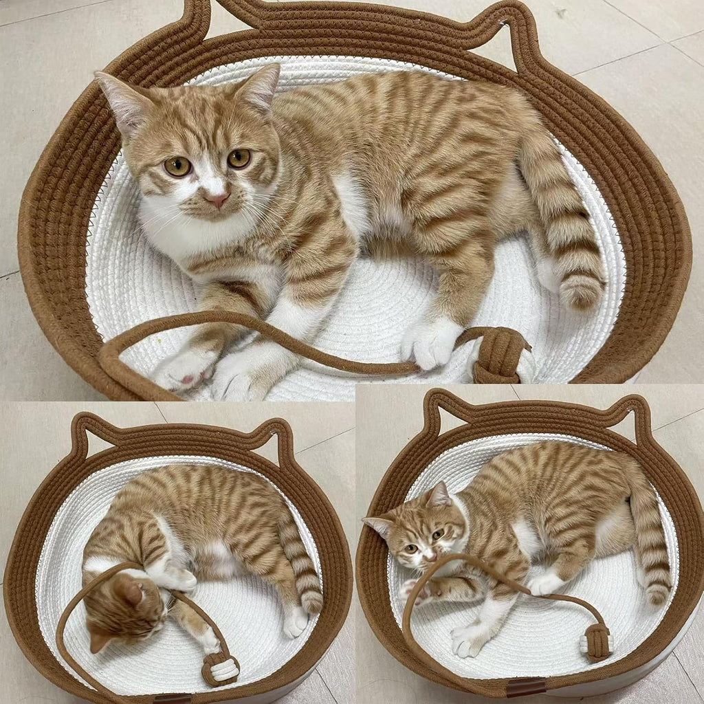 Large Cat Bed Rope Cotton, Eliminates Bed Rejection Round Pet Basket, Boho Catbed for Cats Handwoven Scratchable