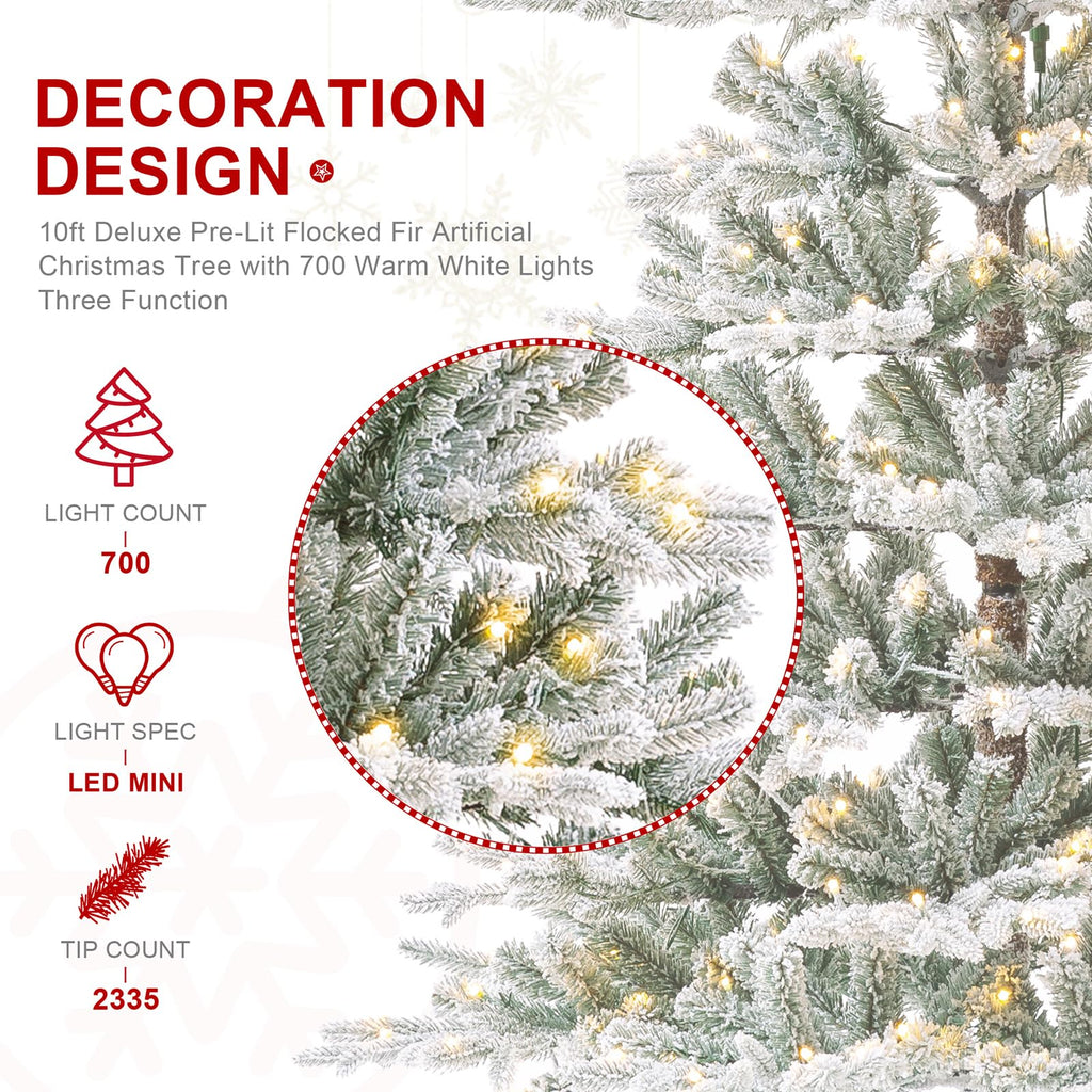 10ft Prelit Christmas Tree, Artificial Flocked Christmas Tree with 2335 PE&PVC Branch Tips, Deluxe Majestic Frostfall