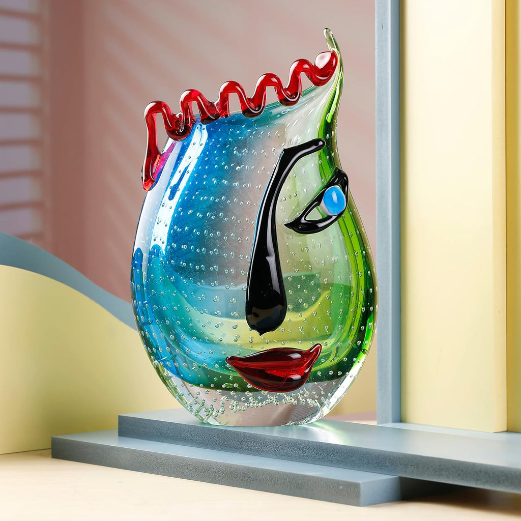 Hand Blown Art Glass Vase with face Art, Style,Multi-Colored