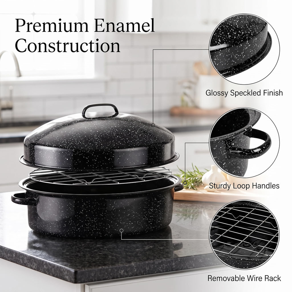 19.3" Enamel Roasting Pan with Lid & Rack Oval Turkey Roaster Pan