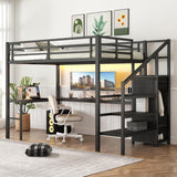 Full Metal Loft Bed with L Shaped Desk and Wardrobe, Heavy Duty Loft Bed Frame with Storage Stairs