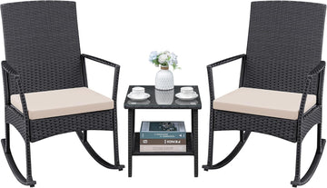 3 Pieces Patio Furniture Set Outdoor Wicker Rocking Chairs,Beige | With Glass Coffee Table for Garden Backyard Porch