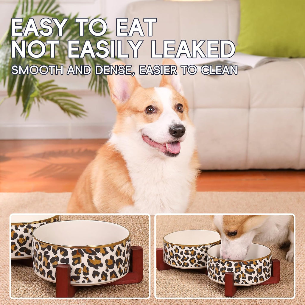 Dog Bowl Set with Wood Stand, Non-Slip Anti-Tip Elevated Design, Double Ceramic Animal Food Water Cat Bowls, Suitable