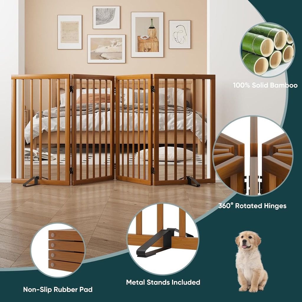 32" H Extra Tall Freestanding Dog Gates Indoor, 4-Panel Bamboo Wood Door Gates for Pets with 2 Metal Stands