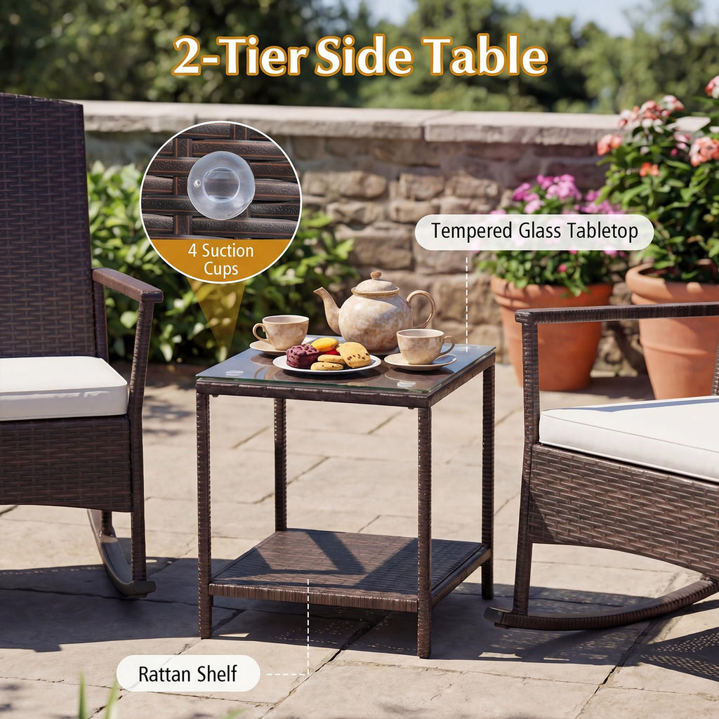 3 Pieces Rocking Wicker Bistro Set, Outdoor Front Porch Rocker Chairs Conversation Set with 2-Tier Tempered Glass