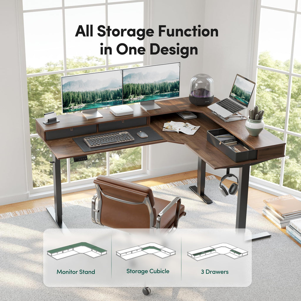 63"x48" L Shaped Standing Desk with Drawers & Shelf, Deep Walnut