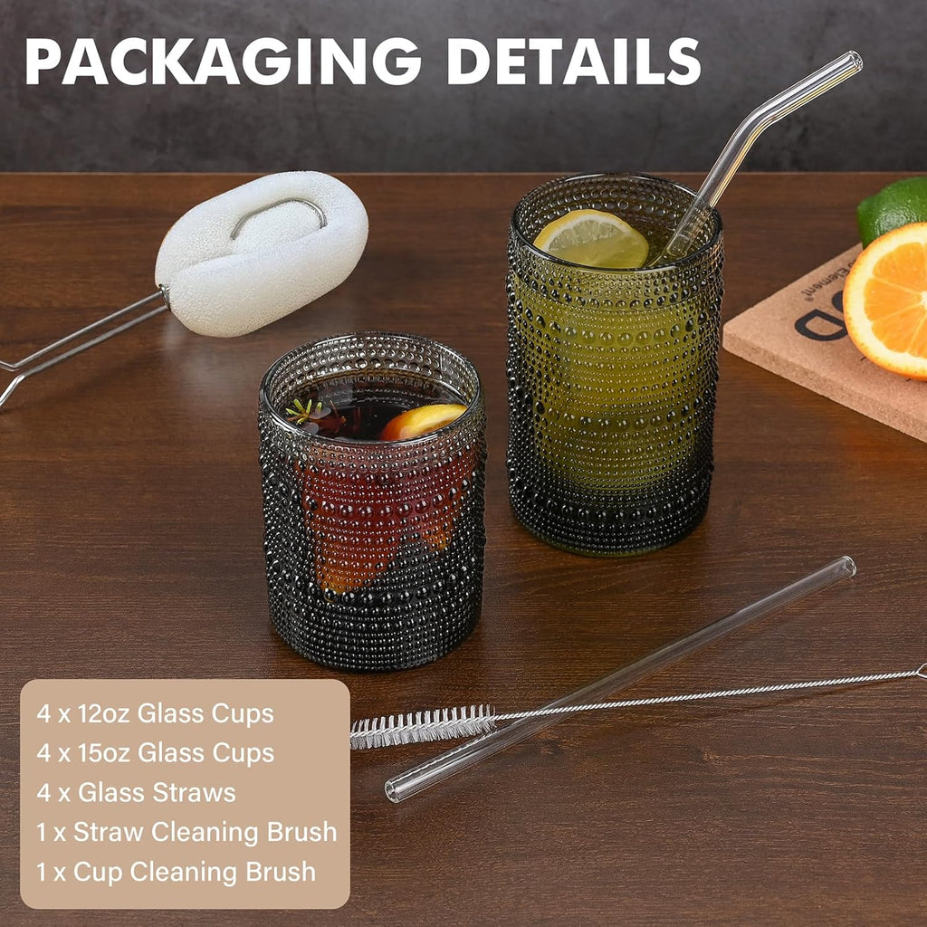 Vintage Hobnail Drinking Glasses Set of 8, Grey 12 oz & 15oz Highball Glass Cups, Kitchen Drinkware