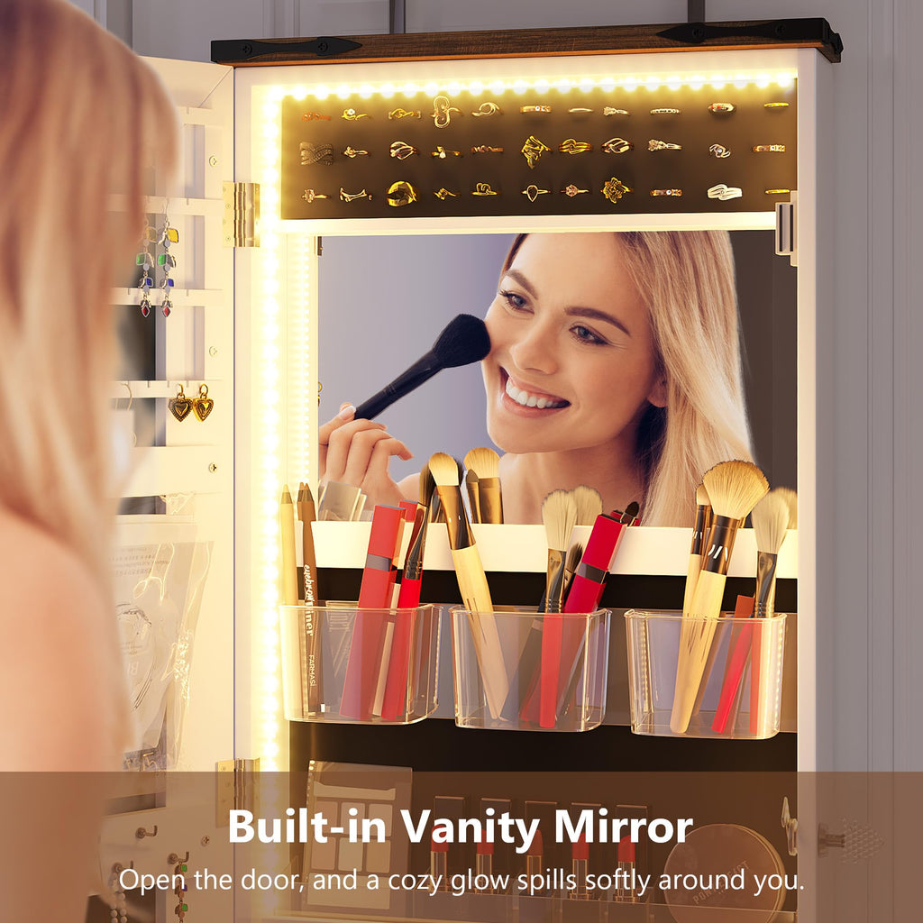 Jewelry Cabinet with Mirror, 12 Hollywood LED Bulbs, Lock, 43.5"