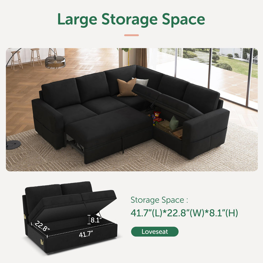 Modular Sectional Sleeper Sofa with Pull-Out Bed, Velvet L-Shaped Sofa with Storage Seat, Sectional Sofas for the