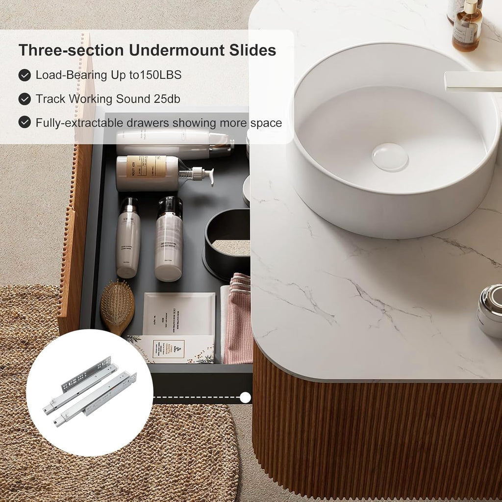 36 inch Bathroom Vanity with Sink, Floating Cabinet with Ultra-Thin Ceramic Basin and Marble Top, Large Storage Drawer