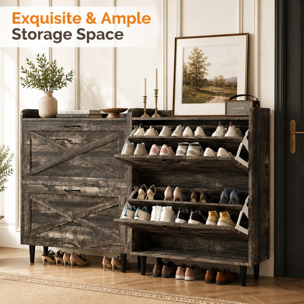 Shoe Storage Cabinet with 2 Flip Drawers, Ultra Slim Freestanding Entryway Shoe Organizer with Wood Tapered