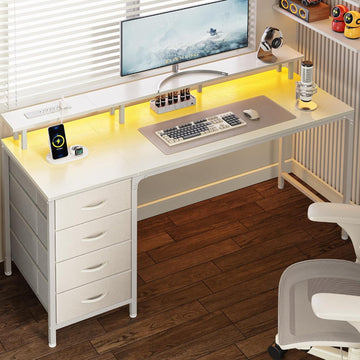 55 Inch Computer Desk with Power Outlets and LED Lights, Gaming Desk with 4 Drawers, Office Desk with Monitor Stand
