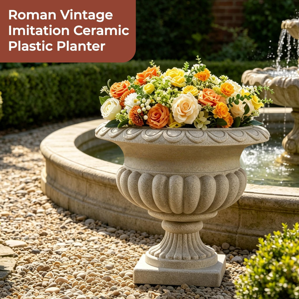 20" H Large Roman Urn Planter, Lightweight Weatherproof Plastic Flower Pot