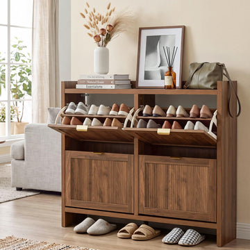 Fluted Shoe Storage Cabinet with 4 Flip Drawers