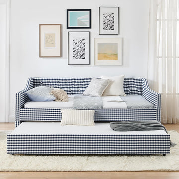 Gingham Daybed with Pull-Out Trundle and Side Pocket /Guest Room, Full Size Upholstered 3-in-1 Versatile Sofabed