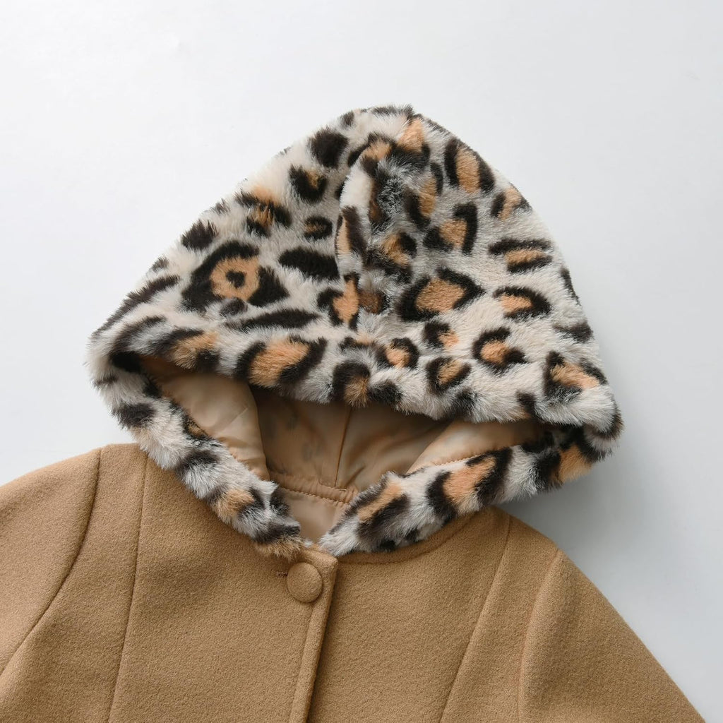 Toddler Baby Girl Fleece Jacket Long-sleeve Button Leopard Hooded Wool Blend Coat Outerwear