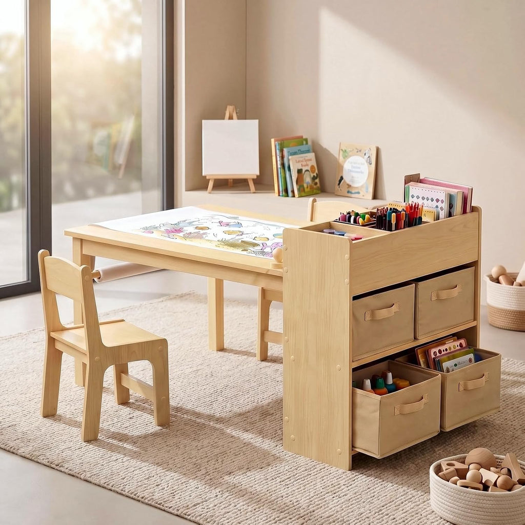 Kids Art Table & 2 Chairs Set, Wooden Activity Craft Desk w/ Paper Roll