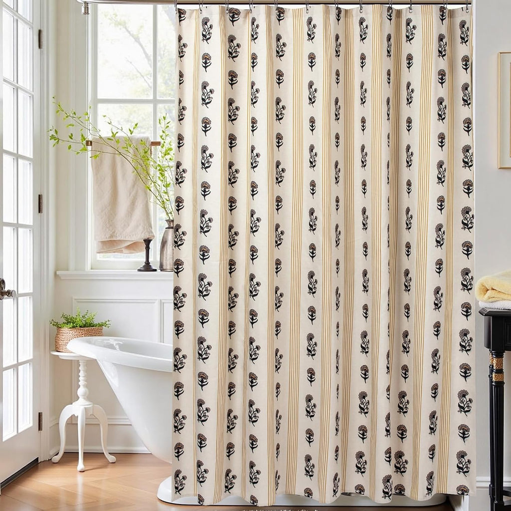 Brown Floral Linen Shower Curtain - Vintage Block Print Striped Shower Curtain Set,Rustic Farmhouse Frenchy Bathroom