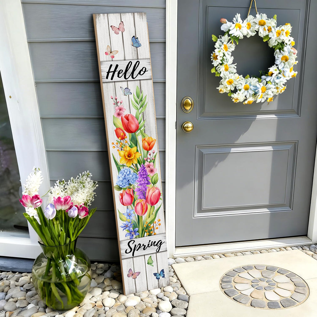 Hello Spring Porch Sign Tulip Butterflies Welcome Sign Rustic Vertical Standing Sign For Front Porch Decor Farmhouse