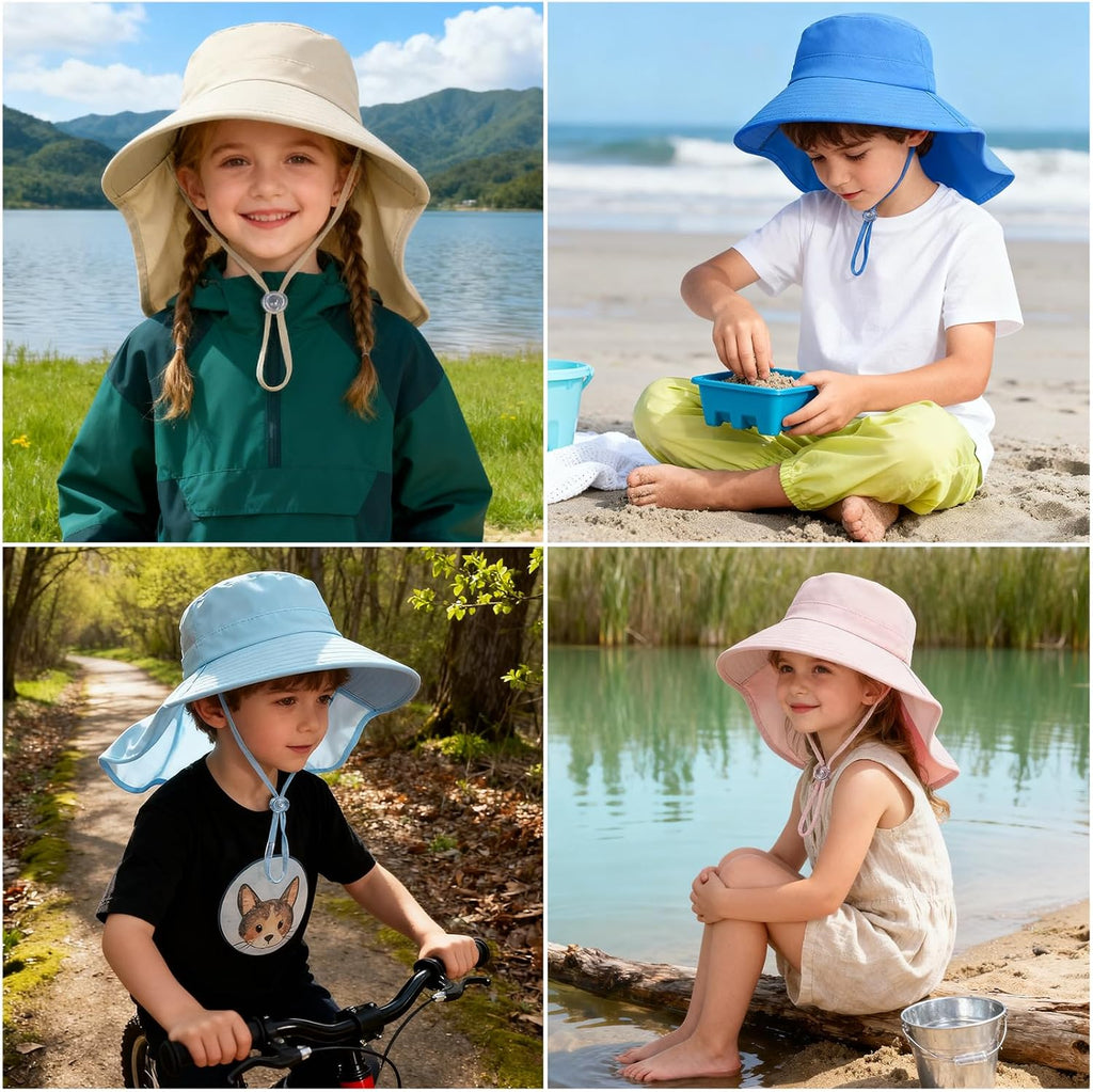 Outdoor Kids Sun Hat with Neck Flap UPF 50+ Sun Protection Fishing Hat Wide Brim Summer Kids Beach Hats for Girls Boys