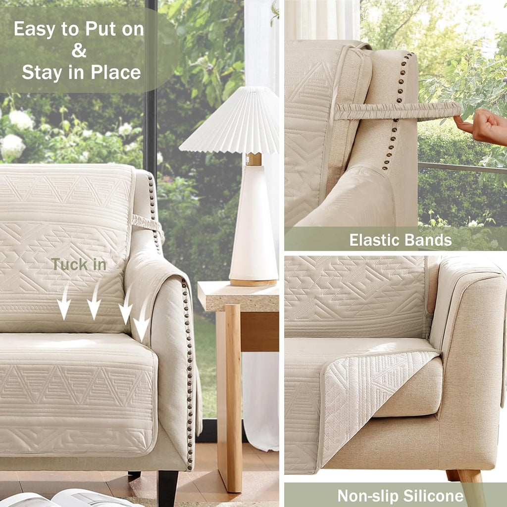 Boho Beige Quilted Recliner Covers, Water-Repellent Recliner Slipcovers, Lazy Boy Chair Covers, Pet Friendly Recliner