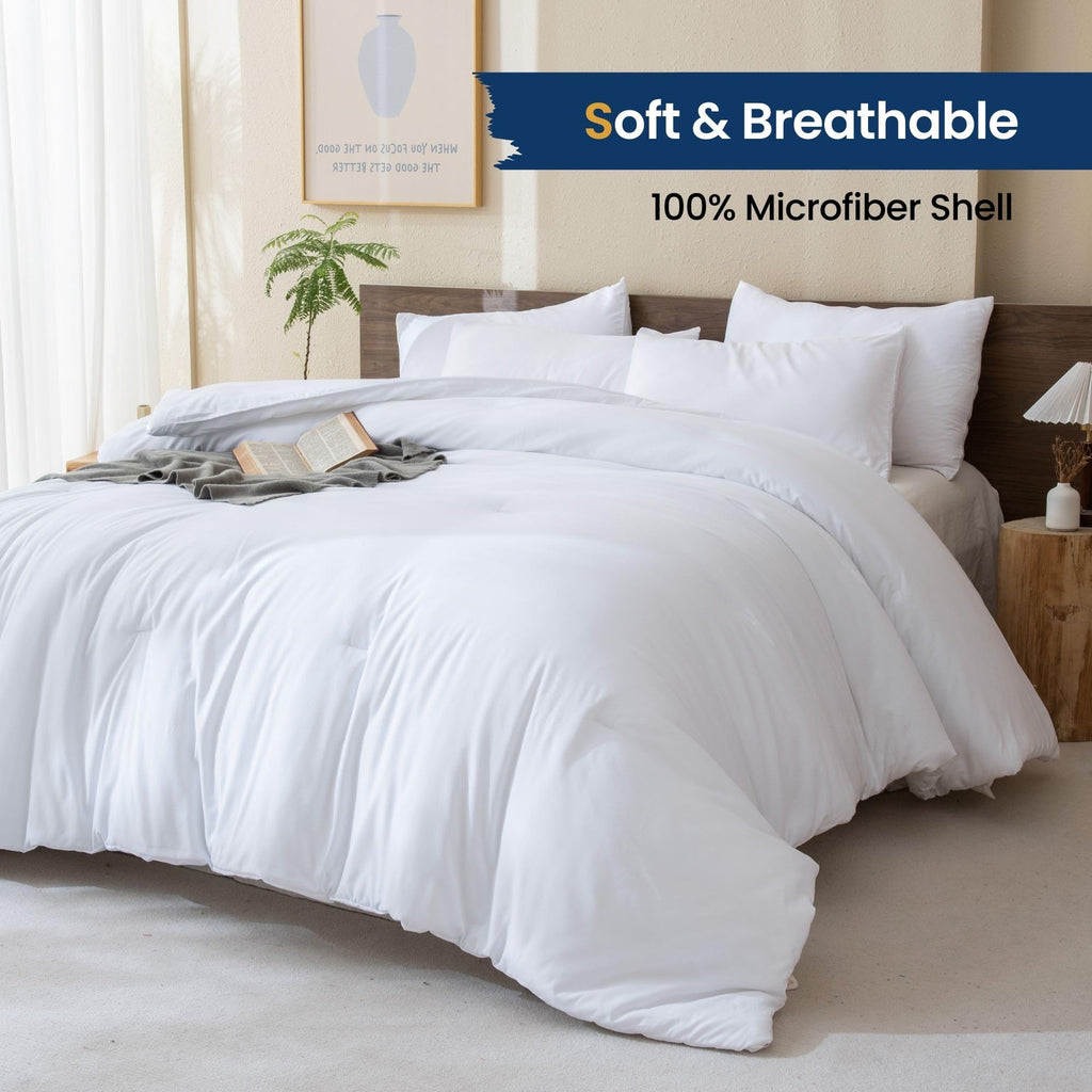 Classic Pure White Comforter King Size, 3 Pieces Boho Comforter Set, Lightweight Solid Bedding Set, All Seasons Soft