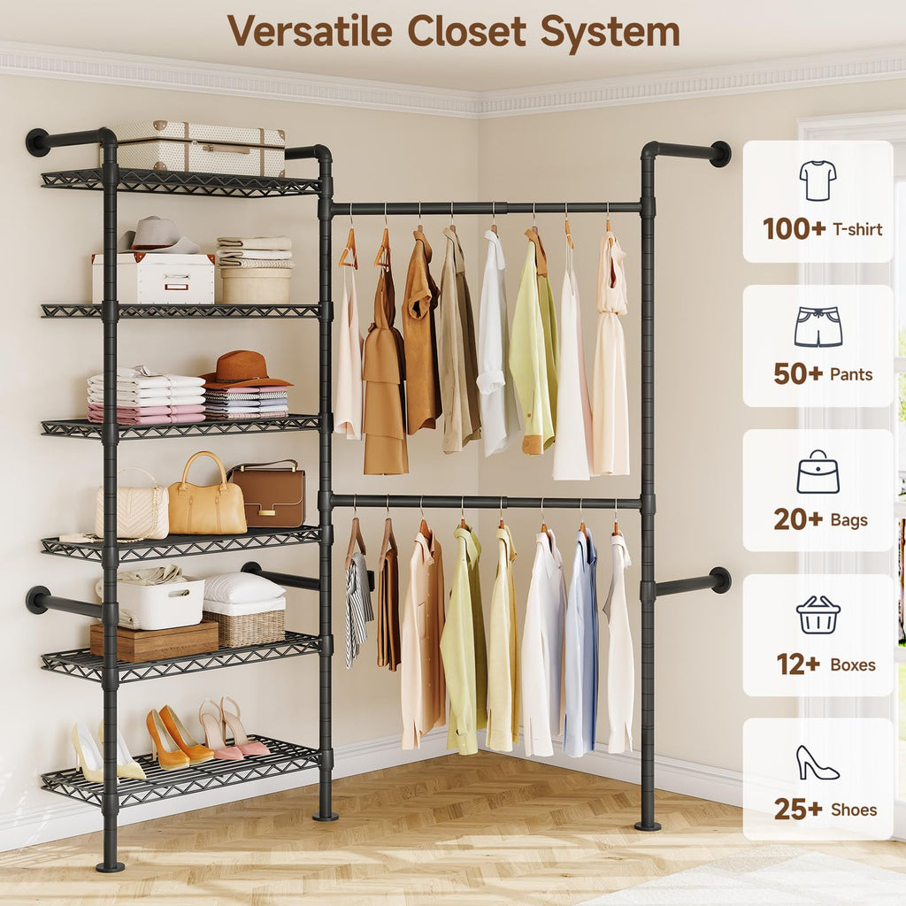 L2 Wall Mounted Closet System, Industrial Pipe Clothing Rack, Black