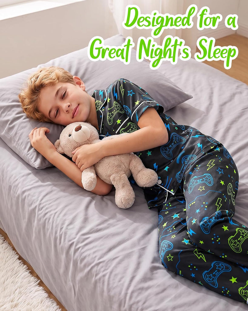 Boys Pajamas Silky Satin Piece Pant Shirt Shorts Sleepwear Pjs Set for Kids Button Down Loungewear