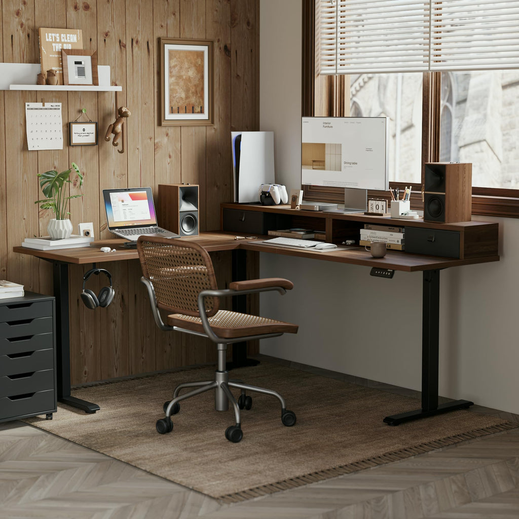 63 Inch L Shaped Electric Standing Desk with Drawer, Dark Walnut