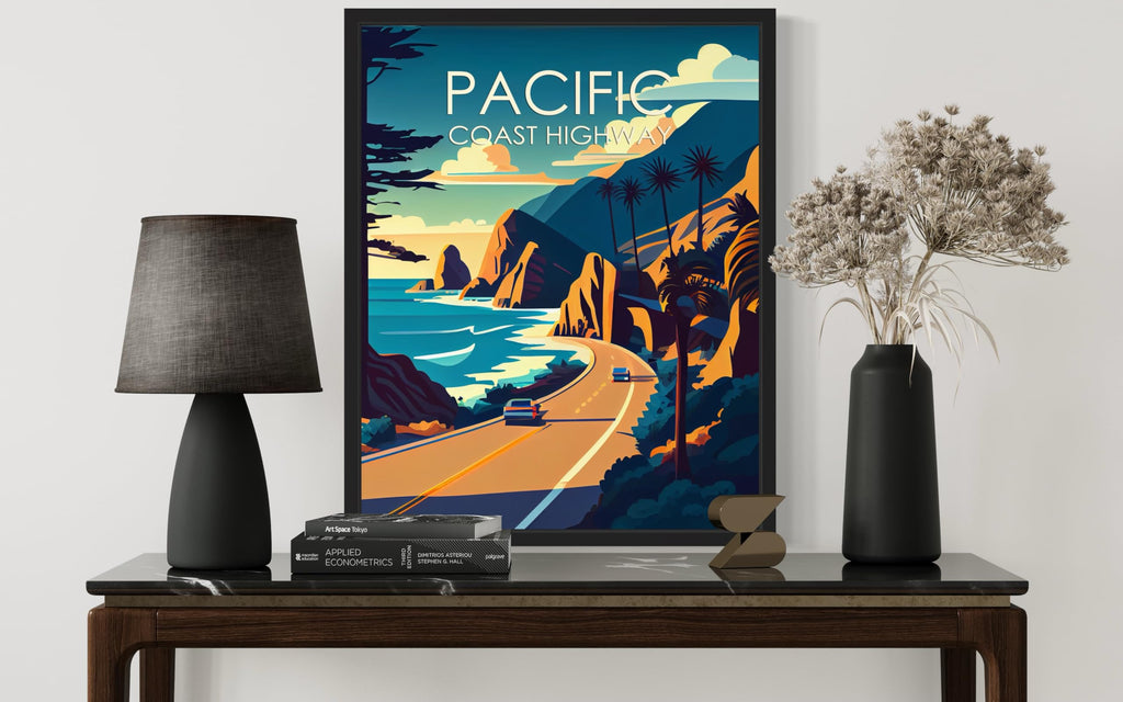 Pacific Coast Highway Black Framed Poster Print, Retro City Mountain and Lake Landscape Artwork, Wall Vintage Decor