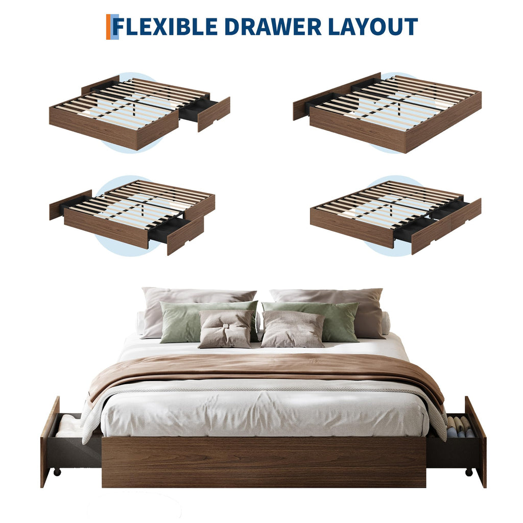 Wood Platform Bed Frame, King Bed Frame with 2 Drawers
