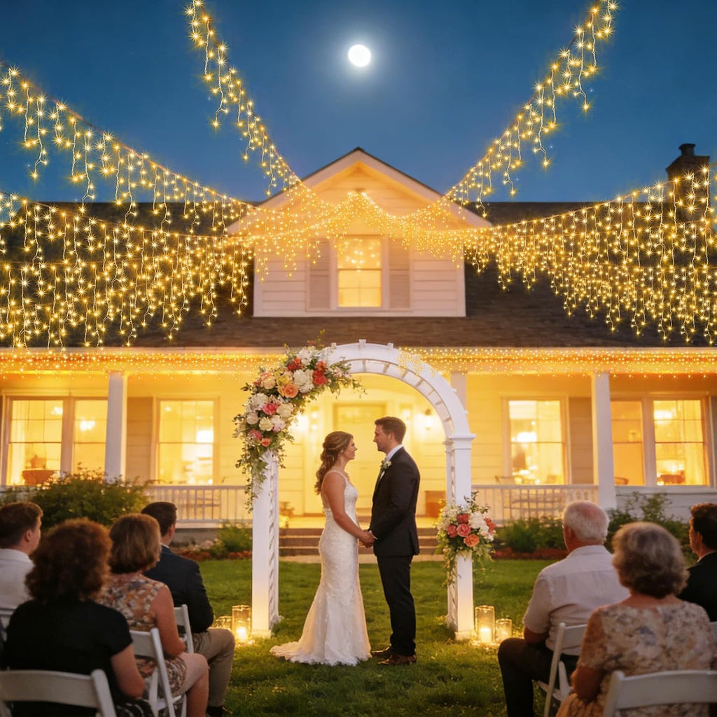 Christmas Lights Outdoor Decorations 400 LED 33ft 8 Modes Curtain Fairy String Light with 75 Drops, Clear Wire LED