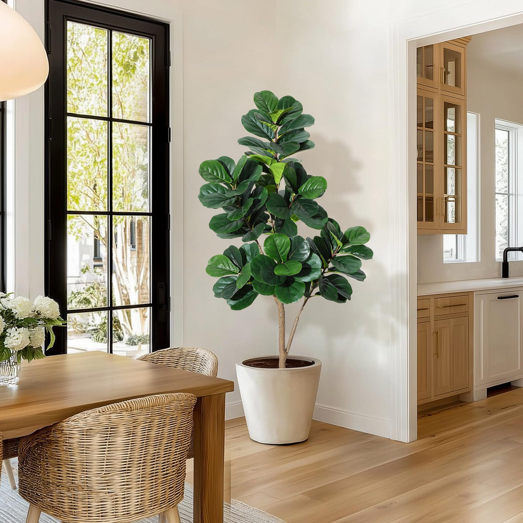 5 ft Fiddle Leaf Fig Tree Artificial with 77 Leaves - Realistic Faux Ficus Lyrata Trees in 7.8 in Grey Planter Pot